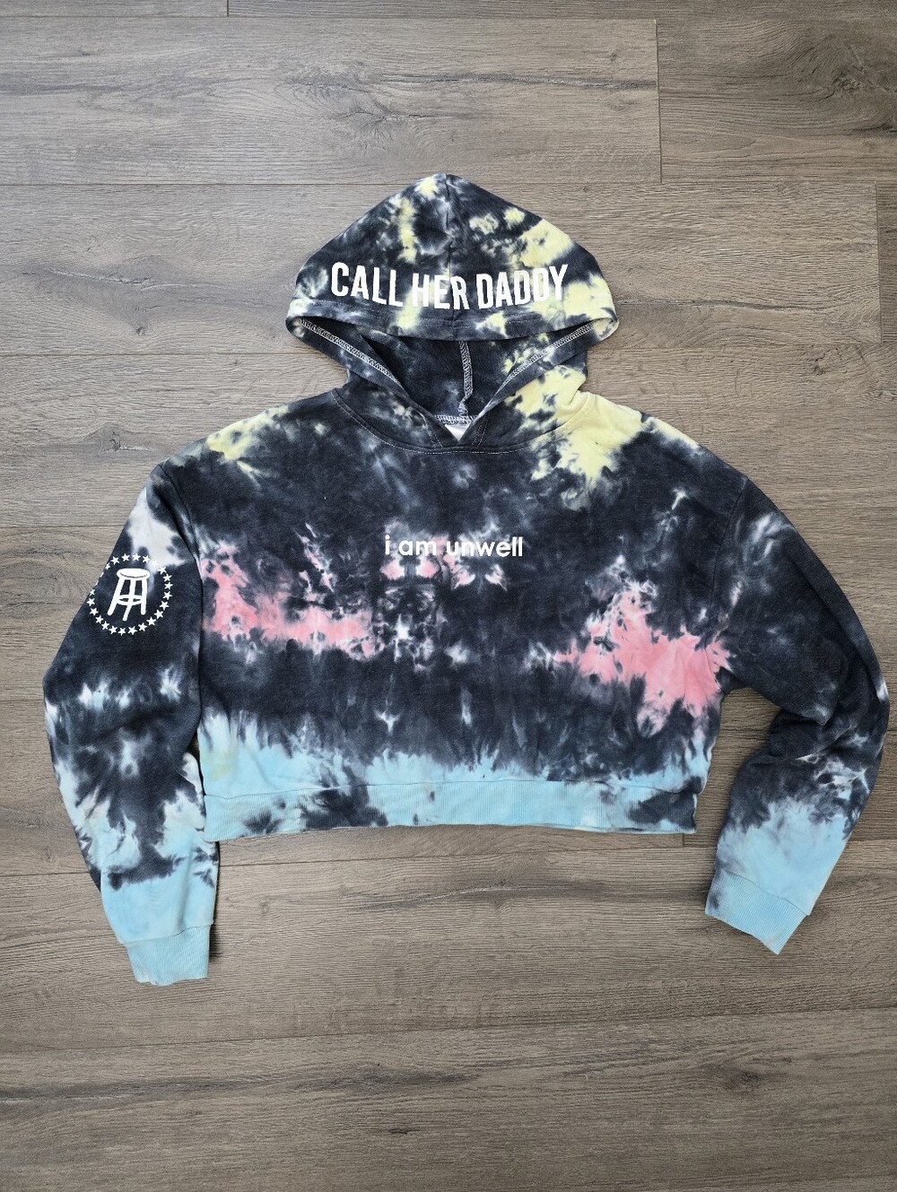 Barstool Sports Call Her Daddy "I am unwell" tie-dye cropped hoodie Size Medium